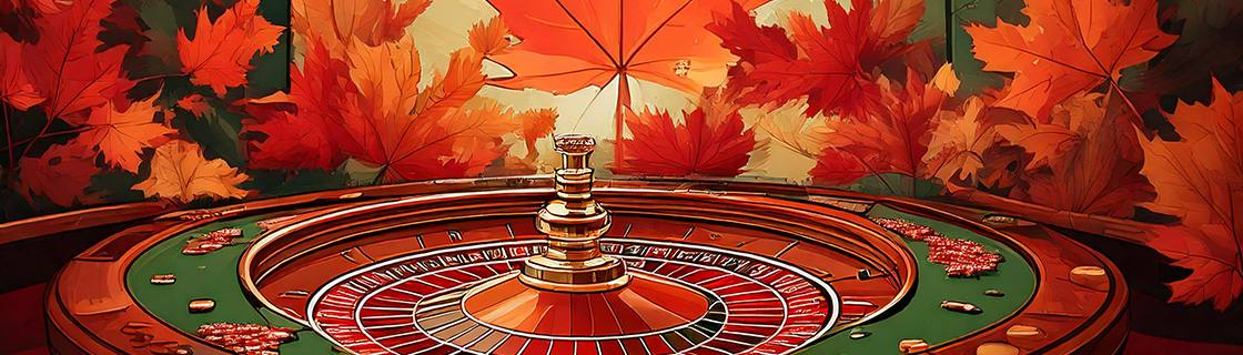 Artistic roulette wheel with maple leafs in the background.
