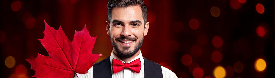 Canadian croupier holding a maple leaf.