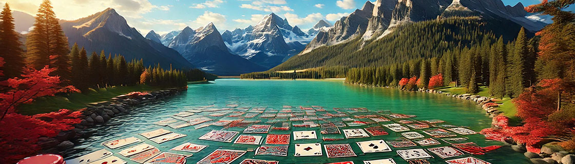 Canadian lake landscape with playing cards floating in the water.