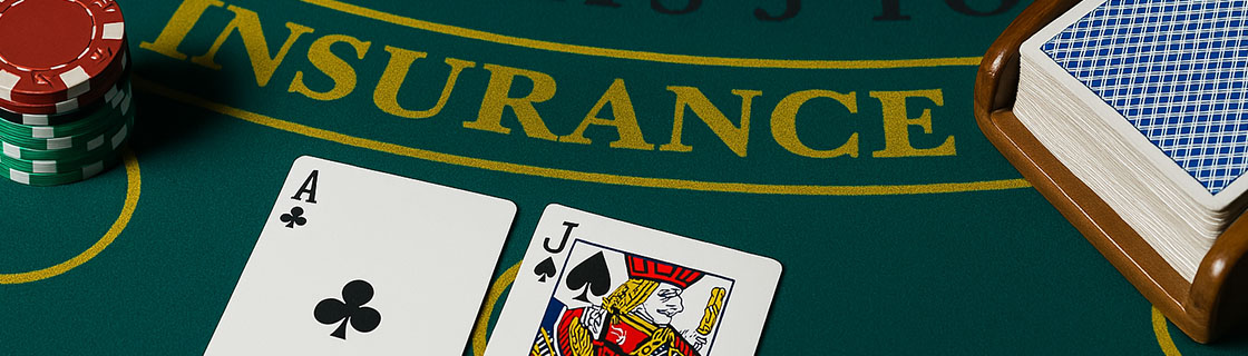 Blackjack table, cards and casino chips.