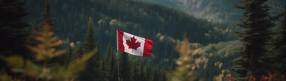 Mountain peak with Canadian flag.
