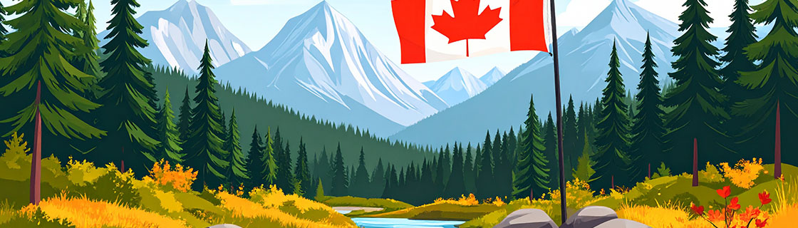 Alberta mountain landscape with the Canadian flag.