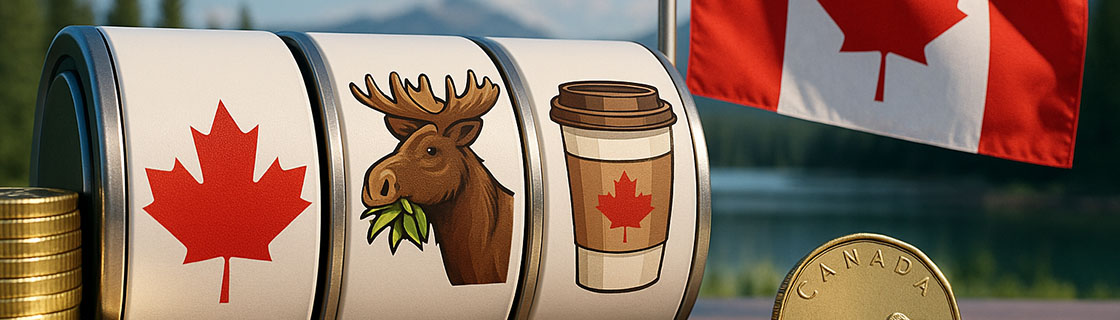 Slot machine with Canadian symbols on the reels.
